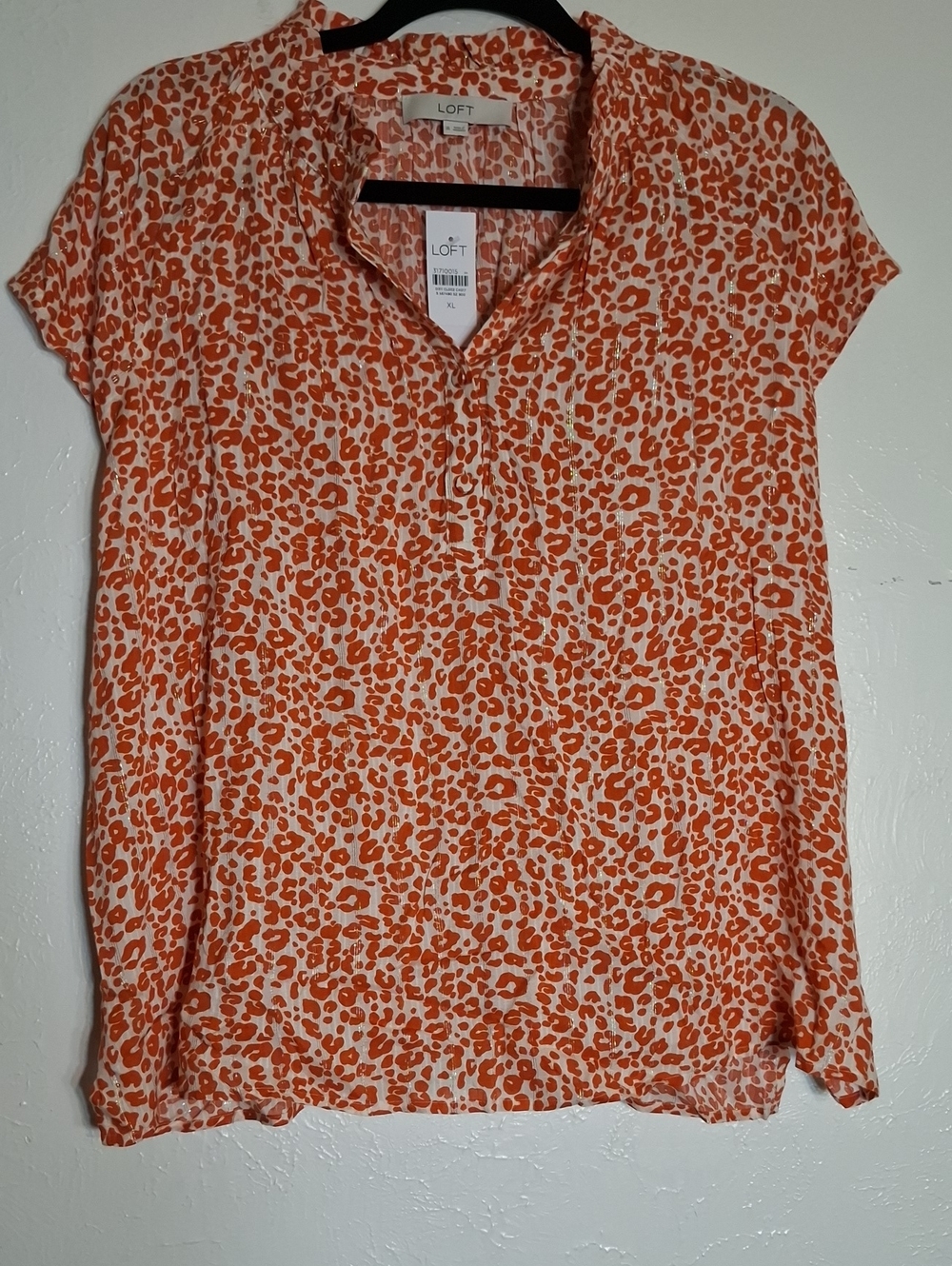 LOFT Orange and Cream Leopard-Print Short Sleeve Blouse